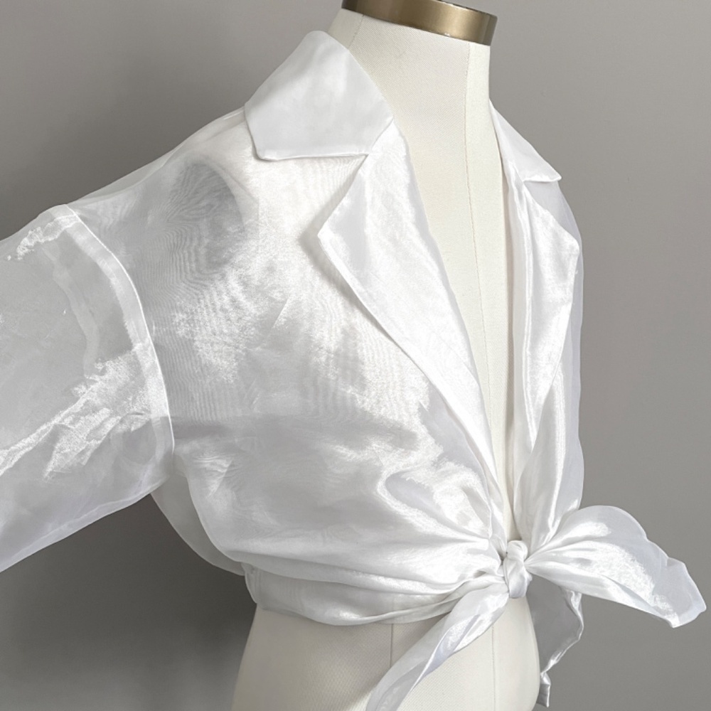 Vintage Sheer White Organza Cropped Tie Blouse - M/L - Picture 4 of 13